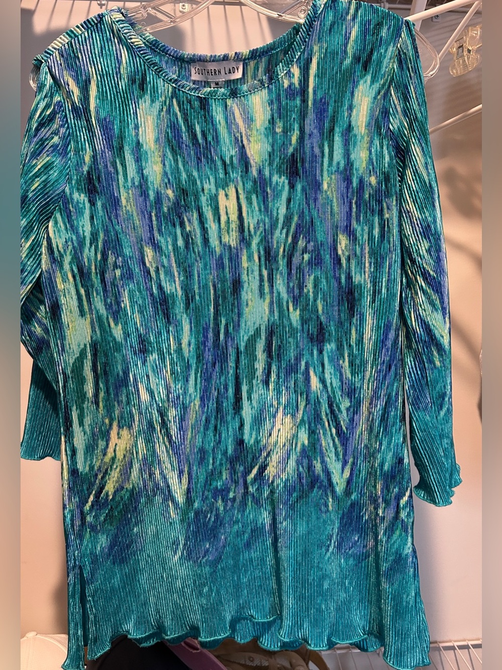 Southern Lady Teal/blues crinkle fabric lightweight Top with shoulder, cut outs
